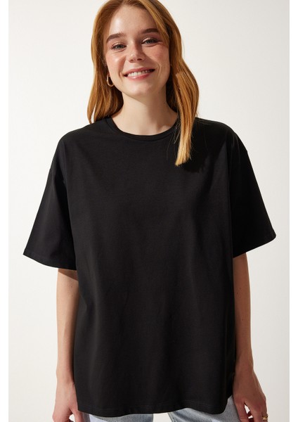 Basic Oversize Örme T-Shirt Siyah LHW0003