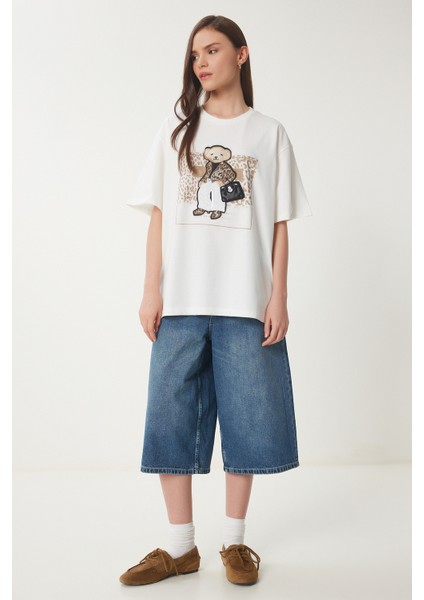 Ayıcık Armalı Pamuklu Oversize Örme T-Shirt Ekru LCR0038