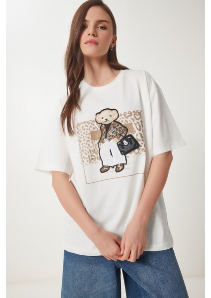 Ayıcık Armalı Pamuklu Oversize Örme T-Shirt Ekru LCR0038 fiyatları