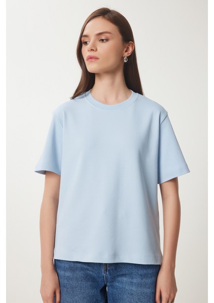 Basic Pamuklu Örme T-Shirt Gök Mavi LUS0094 fırsatları