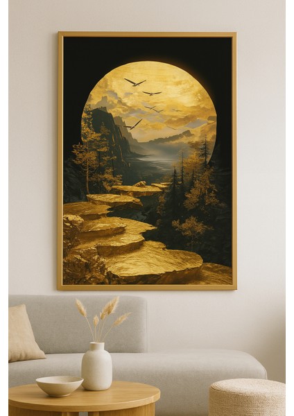 Aya Yürüyüş Modern Tekli Tablosu - Gerçek Cama Baskı Gold Alüminyum Metal Çerçeveli