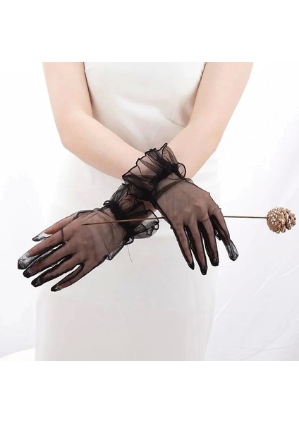 Kısa Boy Likralı Güpürlü Yetişkin Tül Eldiven Siyah Renk modelleri