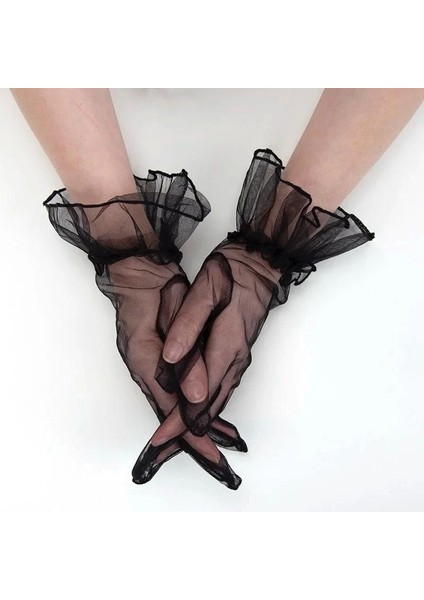 Kısa Boy Likralı Güpürlü Yetişkin Tül Eldiven Siyah Renk fırsatları
