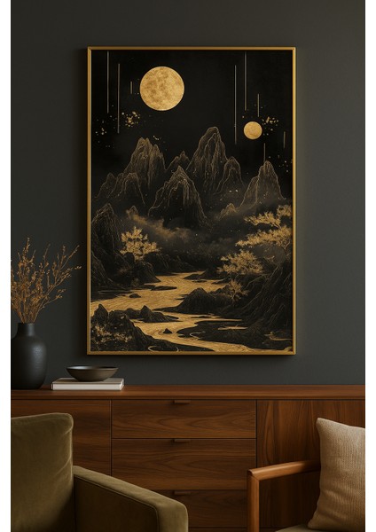 Golden Nehir Modern Tekli Tablosu - Gerçek Cama Baskı Gold Alüminyum Metal Çerçeveli