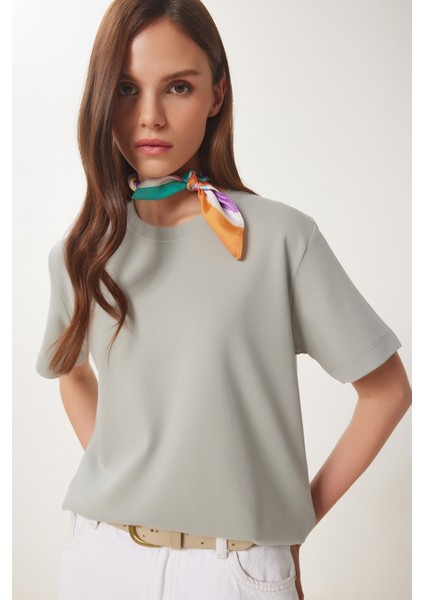 Basic Pamuklu Örme T-Shirt Gri LUS0094