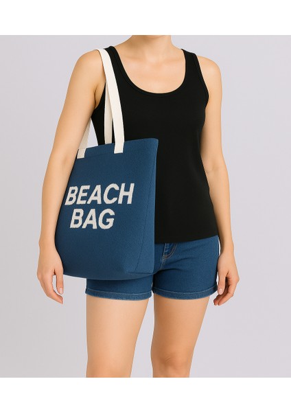 Beach Bag Yazılı Triko Plaj Çantası