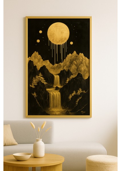 Ayın Yükselişi Modern Tekli Tablosu - Gerçek Cama Baskı Gold Alüminyum Metal Çerçeveli