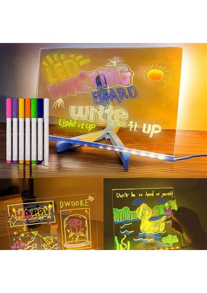 Sunup SN-27126 Dekoratif LED Aydınlatmalı Şeffaf Işıltılı Yazı - Çizim Panosu Tableti - 7 Renk Kalemli Set