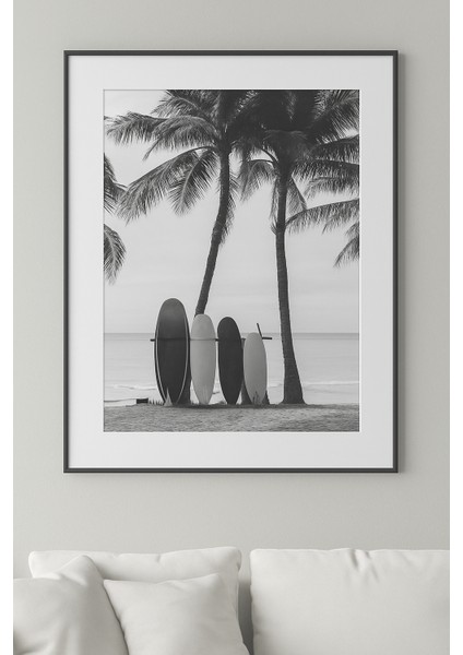 Surfboard Beach Modern Tekli Tablosu - Gerçek Cama Baskı Siyah Alüminyum Metal Çerçeveli