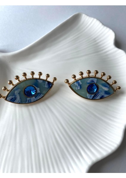 Mermer Desen Kirpikli Göz Mavi Küpe modelleri