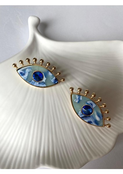 Mermer Desen Kirpikli Göz Mavi Küpe fırsatları