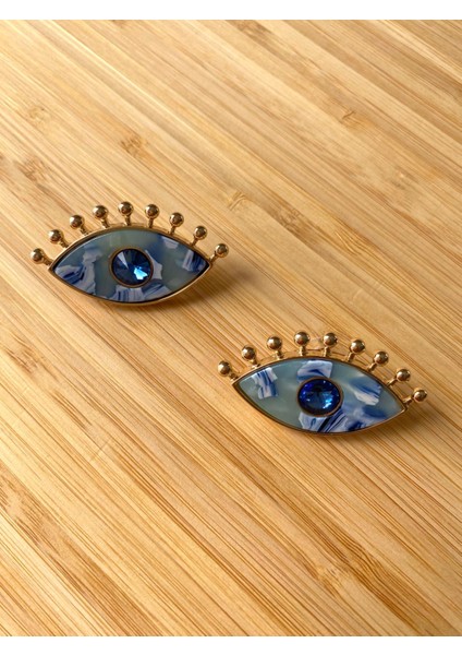 Mermer Desen Kirpikli Göz Mavi Küpe