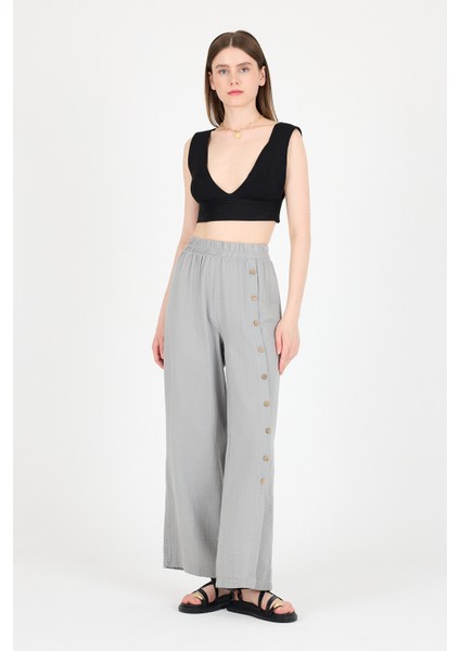 Gri %100 Pamuk Müslin Yanı Düğmeli Yırtmaçlı Geniş Paça Pantolon 4704A