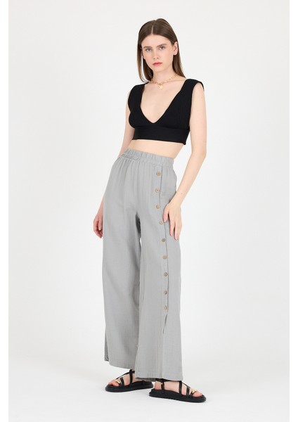 Gri %100 Pamuk Müslin Yanı Düğmeli Yırtmaçlı Geniş Paça Pantolon 4704A fiyatları