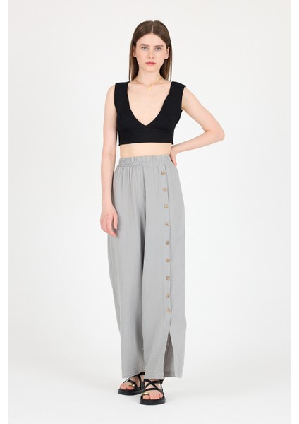 Gri %100 Pamuk Müslin Yanı Düğmeli Yırtmaçlı Geniş Paça Pantolon 4704A modelleri