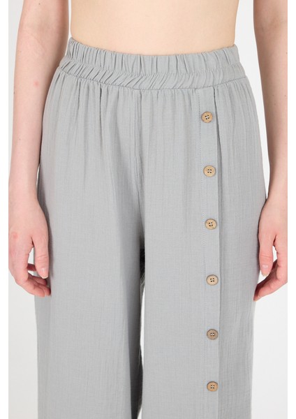Gri %100 Pamuk Müslin Yanı Düğmeli Yırtmaçlı Geniş Paça Pantolon 4704A fırsatları