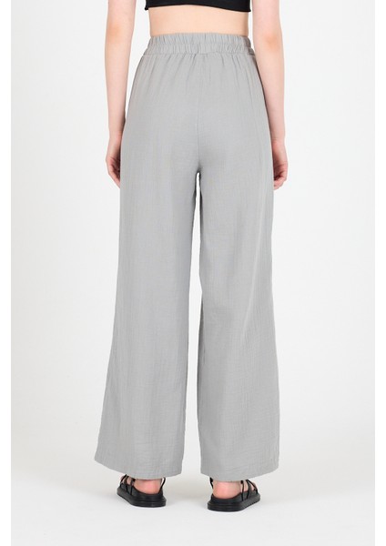 Gri %100 Pamuk Müslin Yanı Düğmeli Yırtmaçlı Geniş Paça Pantolon 4704A indirimleri