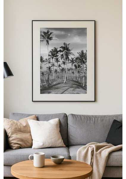 Palm Path Modern Tekli Tablosu - Gerçek Cama Baskı Siyah Alüminyum Metal Çerçeveli