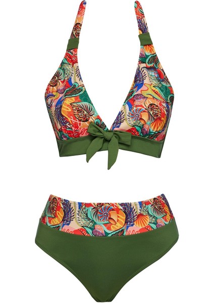 Yüksek Bel Desenli Üçgen Bikini Takım