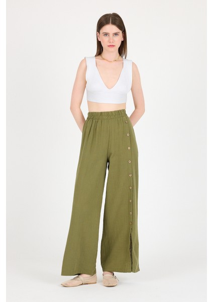 Haki %100 Pamuk Müslin Yanı Düğmeli Yırtmaçlı Geniş Paça Pantolon 4704A
