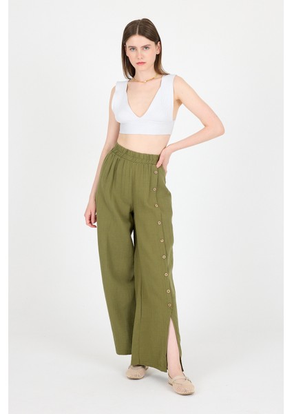 Haki %100 Pamuk Müslin Yanı Düğmeli Yırtmaçlı Geniş Paça Pantolon 4704A fiyatları