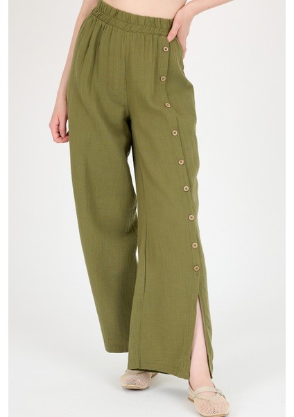 Haki %100 Pamuk Müslin Yanı Düğmeli Yırtmaçlı Geniş Paça Pantolon 4704A fırsatları