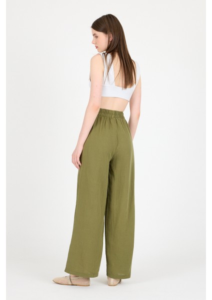 Haki %100 Pamuk Müslin Yanı Düğmeli Yırtmaçlı Geniş Paça Pantolon 4704A indirimleri