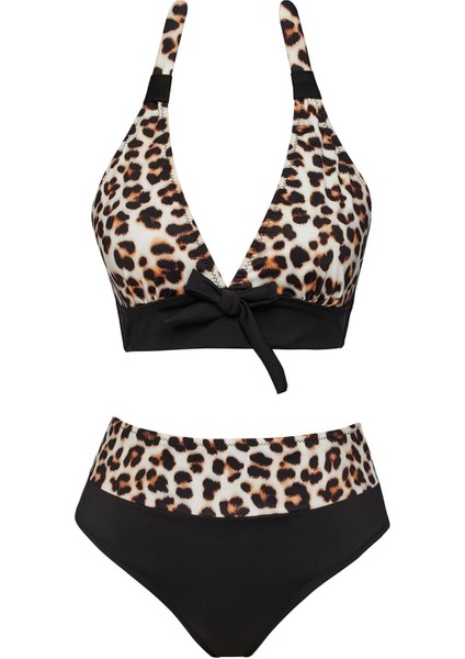 Kadın Yüksek Bel Üçgen Bikini Takım Leopar Deseniyle Plajda Fark Yaratır