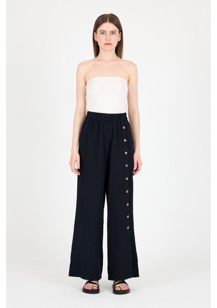 Siyah %100 Pamuk Müslin Yanı Düğmeli Yırtmaçlı Geniş Paça Pantolon 4704A fiyatları