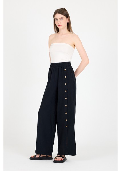 Siyah %100 Pamuk Müslin Yanı Düğmeli Yırtmaçlı Geniş Paça Pantolon 4704A modelleri