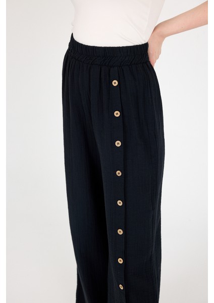 Siyah %100 Pamuk Müslin Yanı Düğmeli Yırtmaçlı Geniş Paça Pantolon 4704A fırsatları