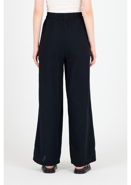 Siyah %100 Pamuk Müslin Yanı Düğmeli Yırtmaçlı Geniş Paça Pantolon 4704A indirimleri