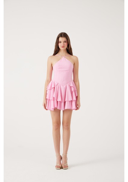 Fırfırlı Halter Yaka Mini Keira Elbise Pembe