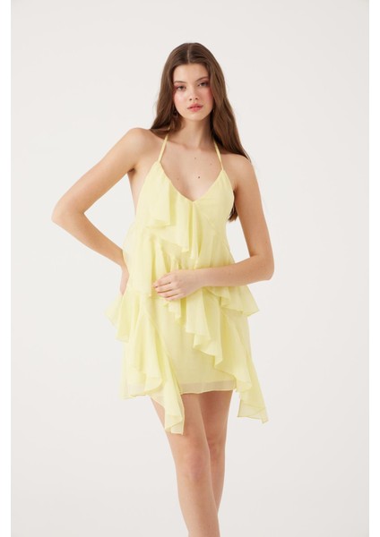 Fırfırlı Boyundan Bağlamalı Mini Lea Elbise Sarı fırsatları