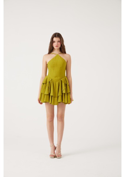 Fırfırlı Halter Yaka Mini Keira Elbise Yeşil