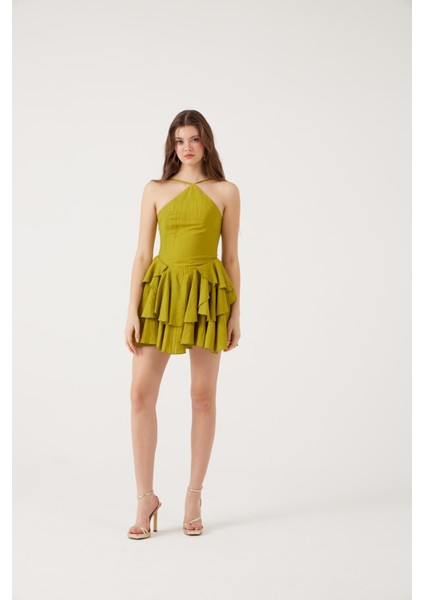 Fırfırlı Halter Yaka Mini Keira Elbise Yeşil modelleri
