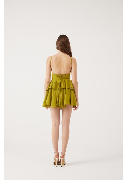 Fırfırlı Halter Yaka Mini Keira Elbise Yeşil indirimleri