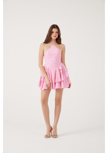 Fırfırlı Halter Yaka Mini Keira Elbise Pembe modelleri