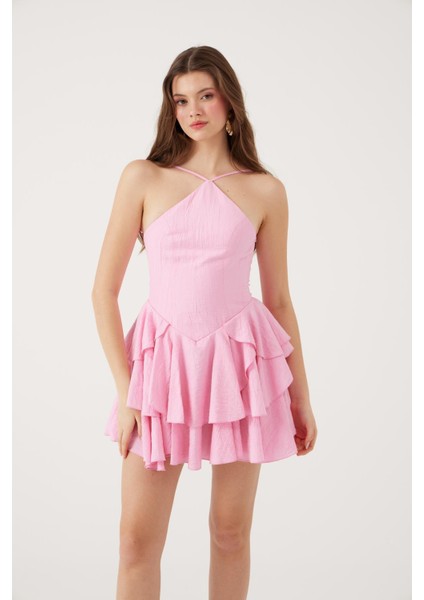 Fırfırlı Halter Yaka Mini Keira Elbise Pembe fırsatları
