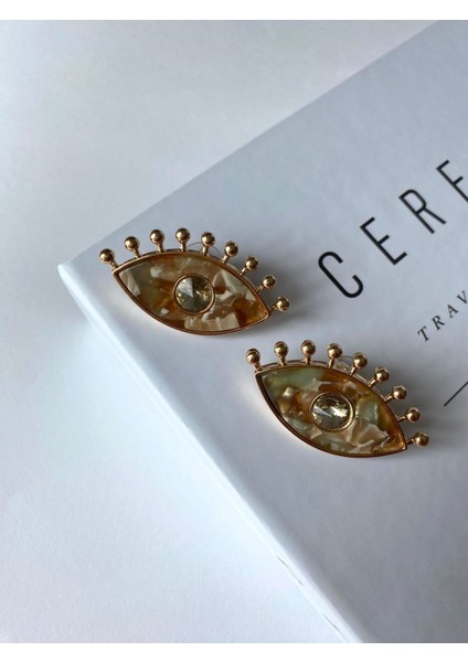 Mermer Desenli Kirpikli Göz Bej Küpe fiyatları