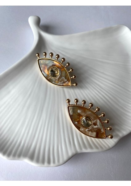 Mermer Desenli Kirpikli Göz Bej Küpe modelleri