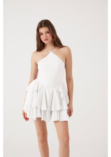 Fırfırlı Halter Yaka Mini Keira Elbise Beyaz fiyatları