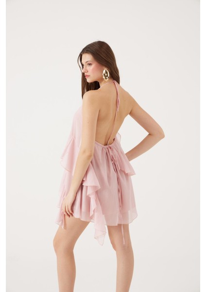 Fırfırlı Boyundan Bağlamalı Mini Lea Elbise Pembe fiyatları