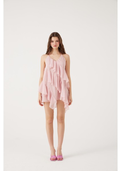 Fırfırlı Boyundan Bağlamalı Mini Lea Elbise Pembe modelleri