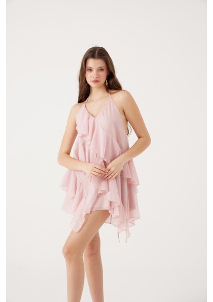 Fırfırlı Boyundan Bağlamalı Mini Lea Elbise Pembe indirimleri