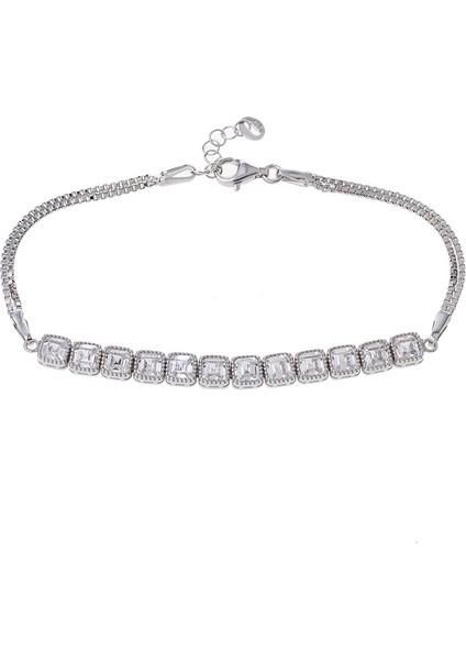 Kare Zirkon Taşlı Yarım Tur Model 925 Ayar Gümüş Kadın Bileklik