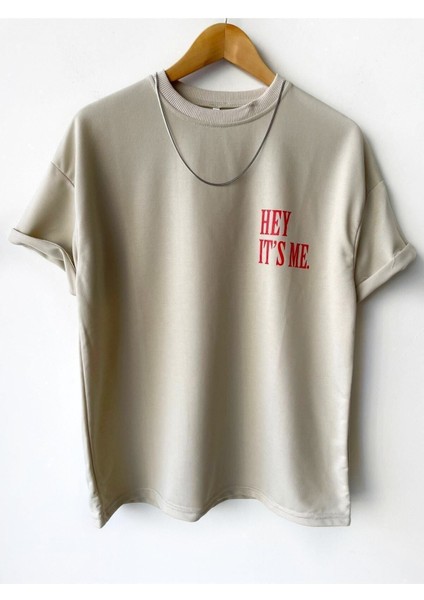 Unısex Hey It's Me Baskılı Bisiklet Yaka Oversize T-Shirt Bol Kesim