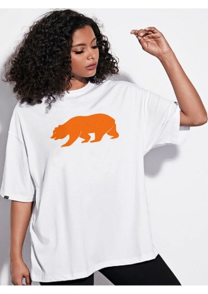 Beyaz Orange Bear Baskılı Oversıze Bol Kesım Tshırt