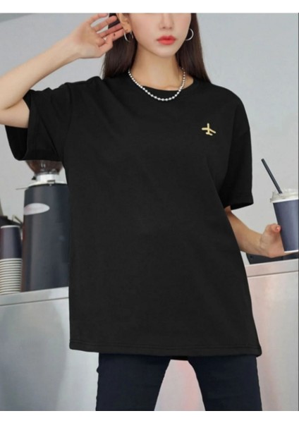 Siyah Oversıze Airplane Uçak Baskılı Bol Kesim Tshirt