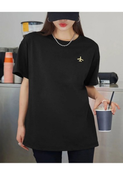 Siyah Oversıze Airplane Uçak Baskılı Bol Kesim Tshirt